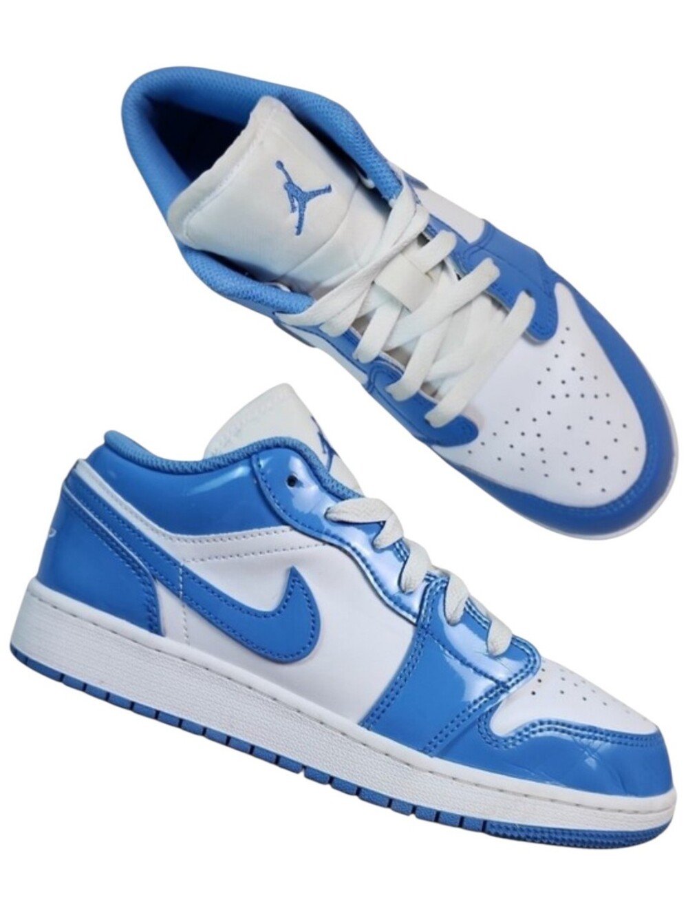 Nike Women Air Jordan 1 Low GS UNC Patent Leather White Blue Sneakers 5.5Y / W 7